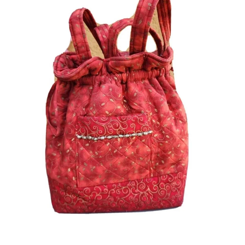 VTG Quilted Red Brick Tie-Dye Drawstring Multi Pocket Arts & Craft Cotton Bag
